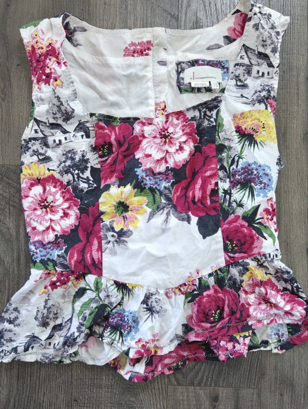 Anthropologie White Floral Patchwork Crop Top with Pink & Yellow Blooms